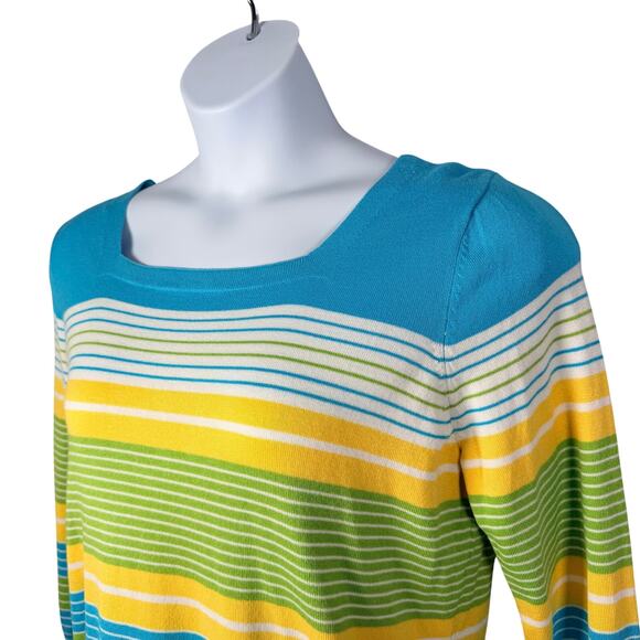 Joseph A Sweater Top Womens Large Turquoise Striped Square Neck 3/4 Sleeve - Picture 4 of 11
